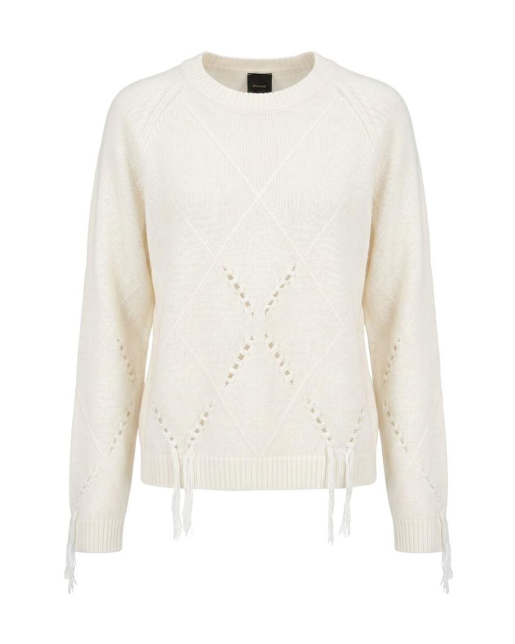 Pinko White Diamond-Knit Fringed Sweater