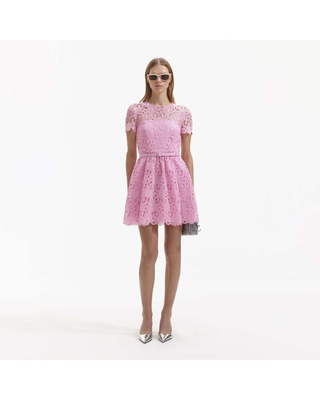 Self-Portrait Pink Guipure-Lace Belted Mini Dress