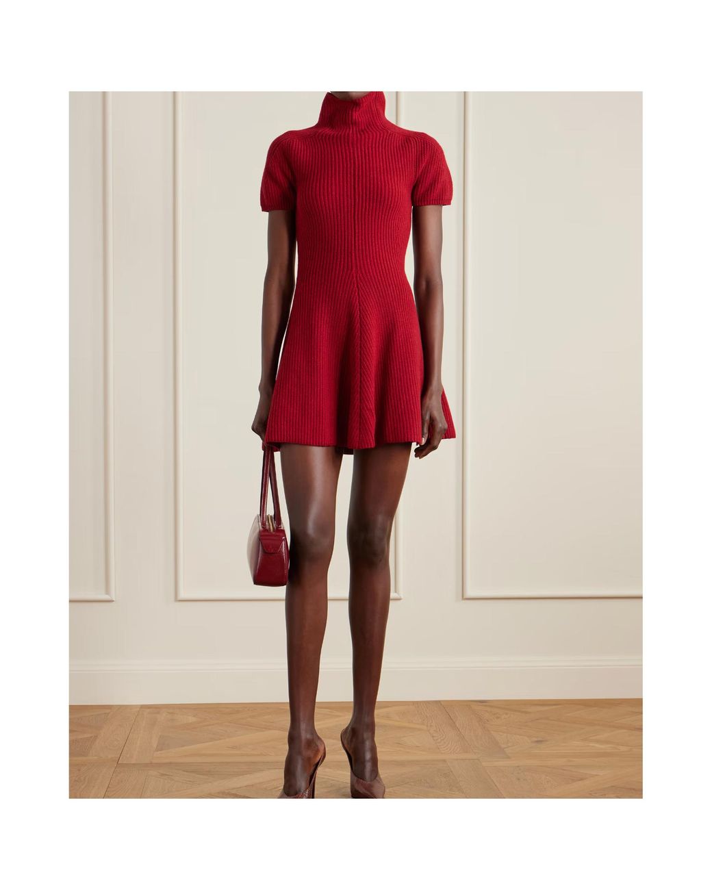 Magda Butrym Red Ribbed Cashmere Turtleneck Mini Dress