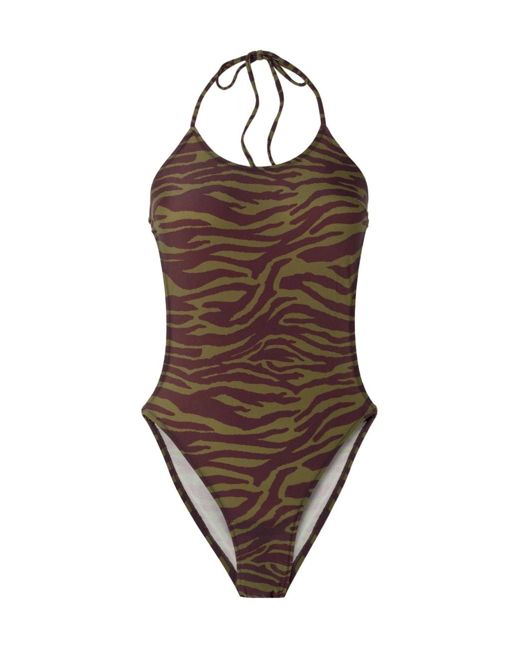 The Attico Brown Zebra-Print Halterneck Swimsuit