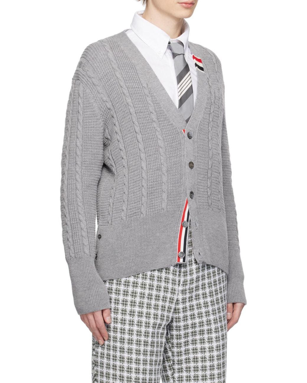 Thom Browne Gray V-Neck Buttoned Knitted Cardigan for men
