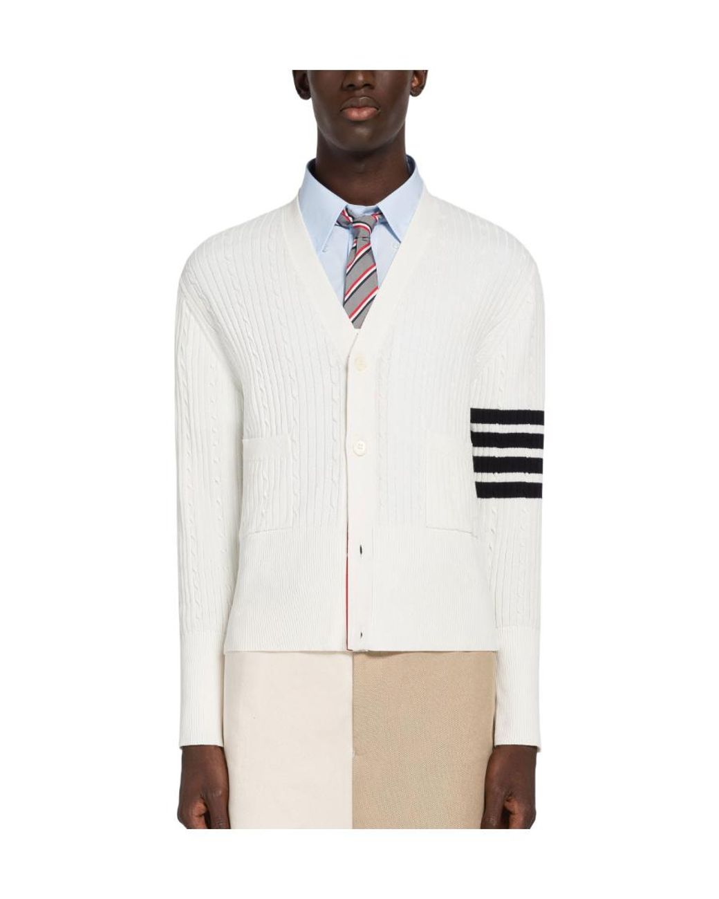 Thom Browne White 4-Bar Stripe Cable Knit Cardigan for men