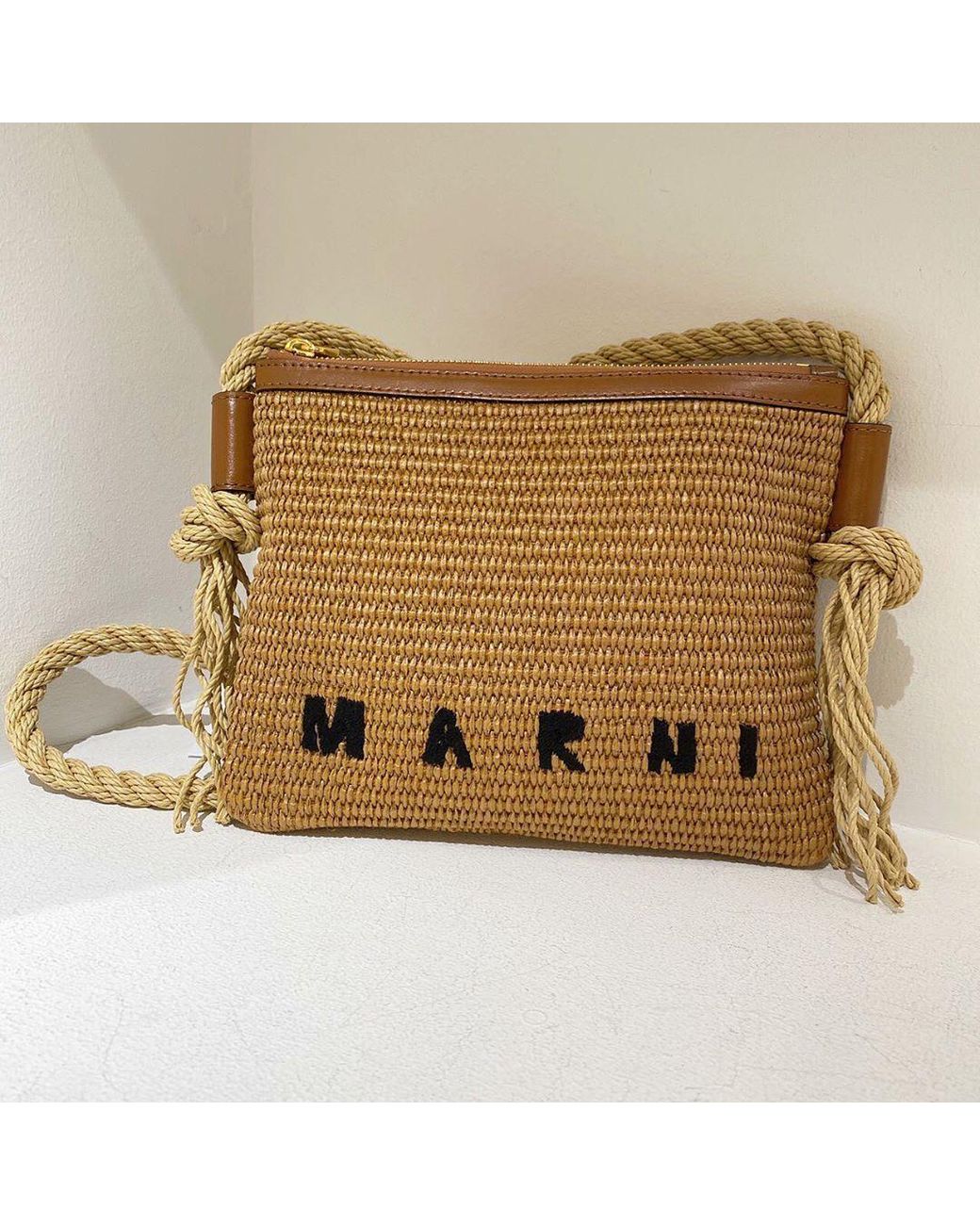 Marni Brown Marcel Logo Embroidered Crossbody Bag