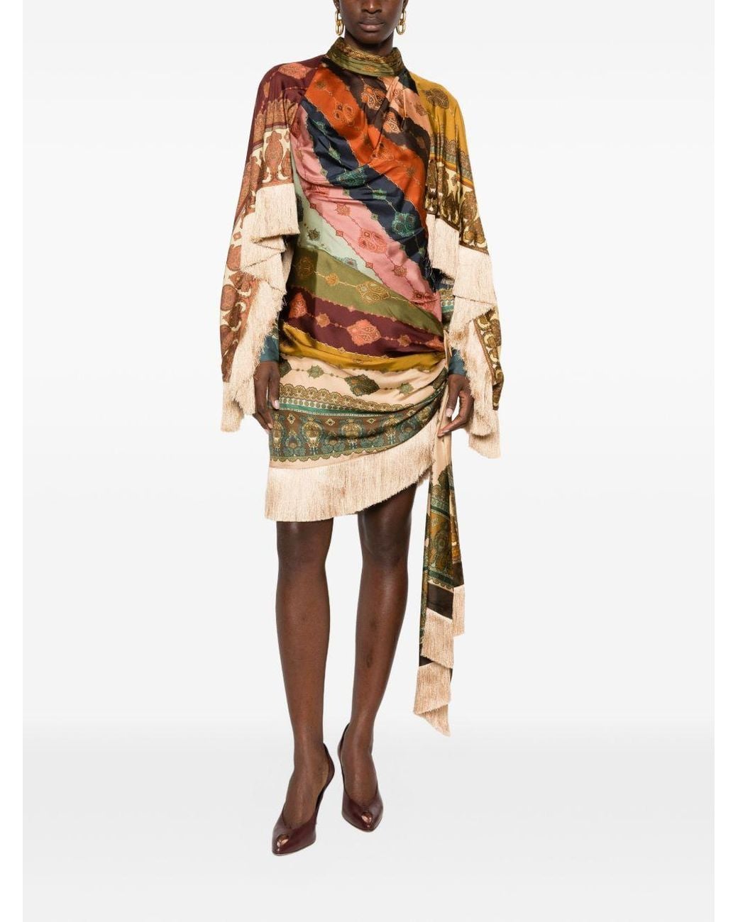 Zimmermann Metallic Scarf Print Fringed Wrap Mini Dress