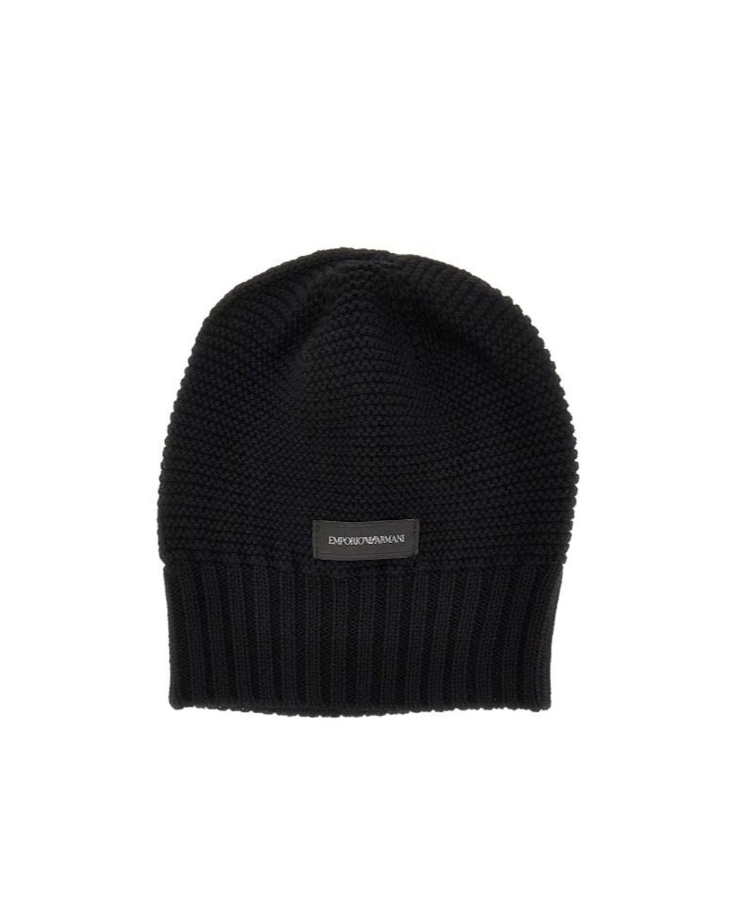 Emporio Armani Black Logo-Patch Chunky-Knit Beanie Hat