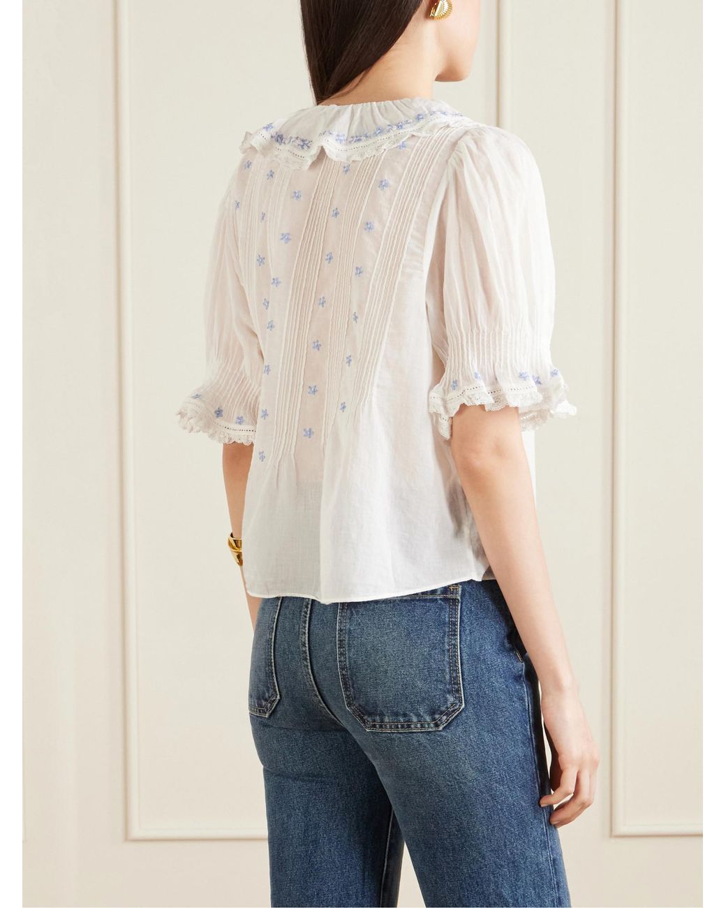 Doen White Hettie Ruffled Floral-Embroidered Blouse