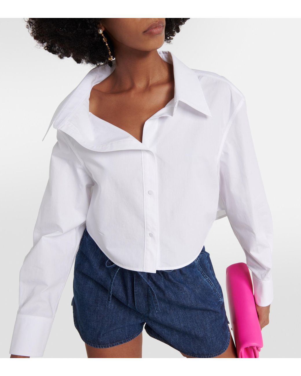 Valentino White Asymmetric Cropped Cotton Shirt