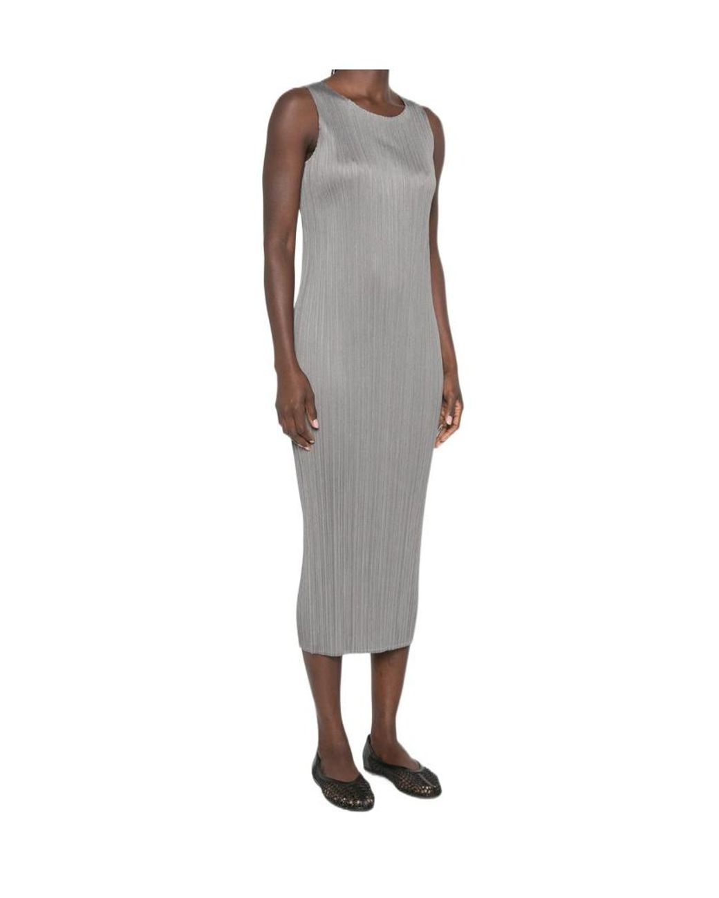 Pleats Please Issey Miyake Gray Plissé-Effect Midi Dress