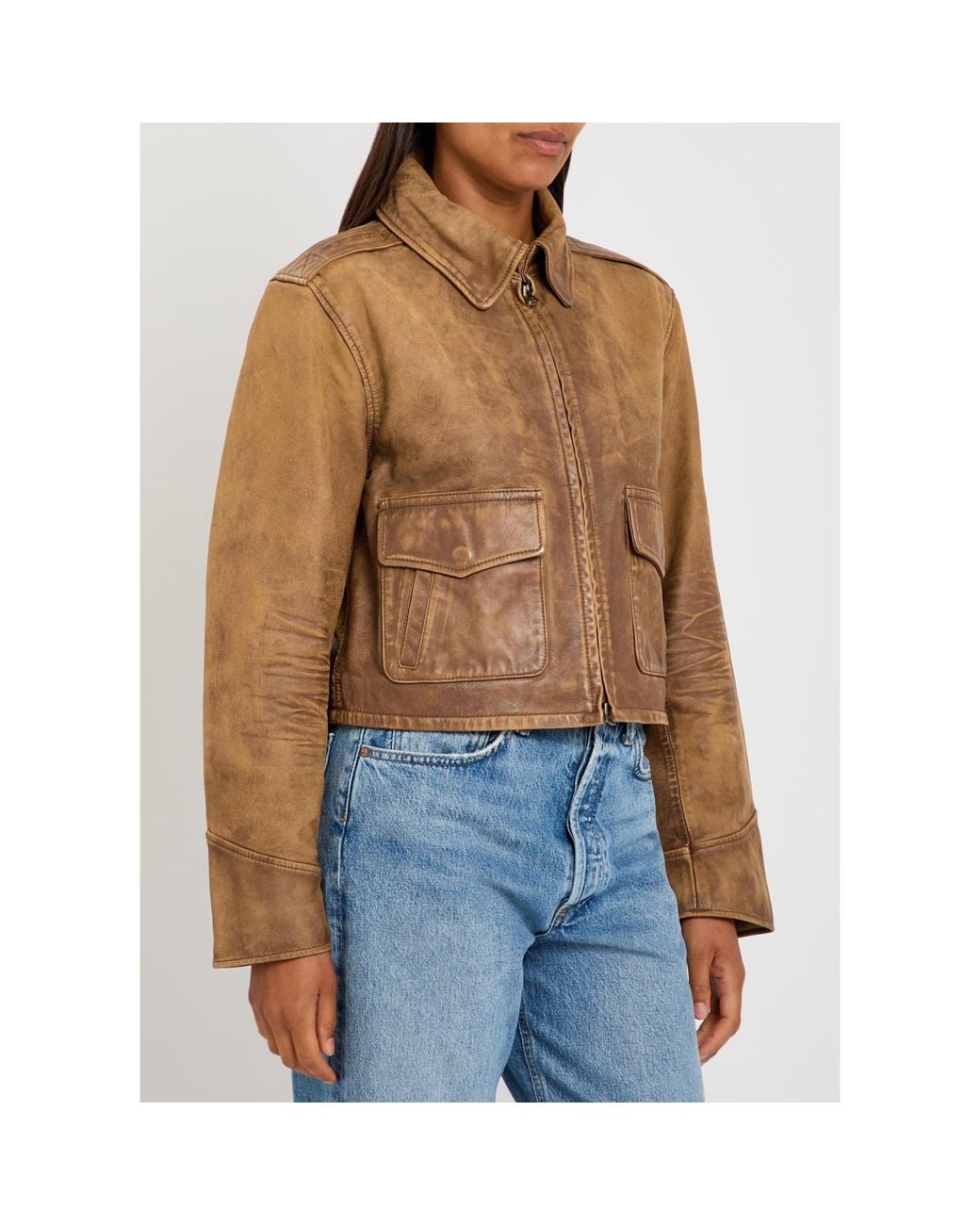 Polo Ralph Lauren Brown Cropped Distressed Leather Jacket