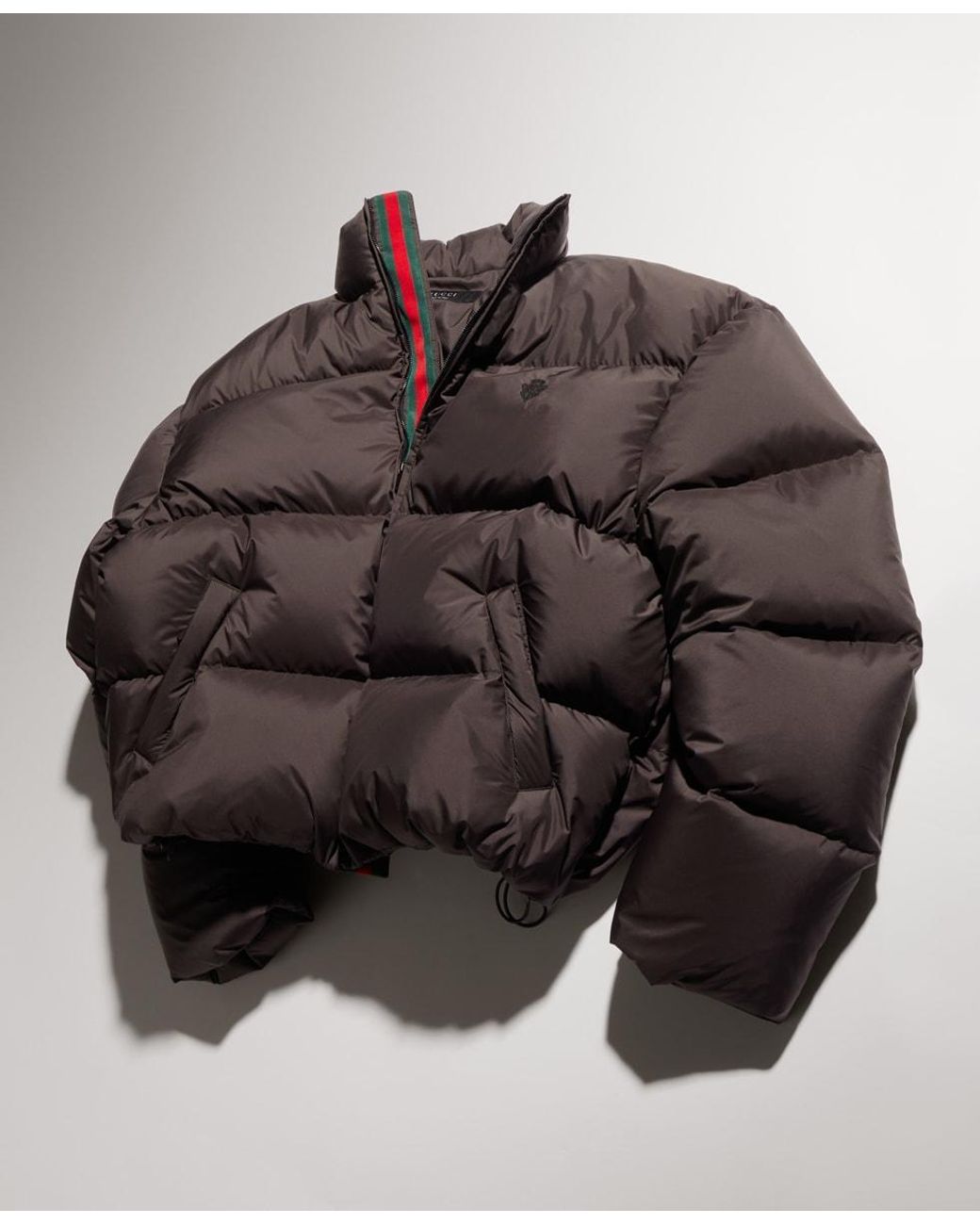 Gucci Brown Crest-Embroidered Web-Detail Puffer Jacket