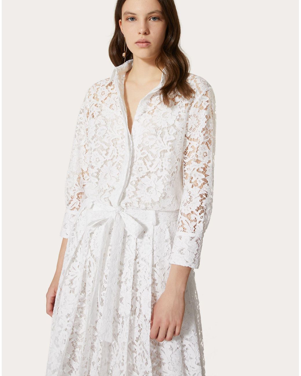 Valentino White Floral-Lace Pleated Shirt-Dress