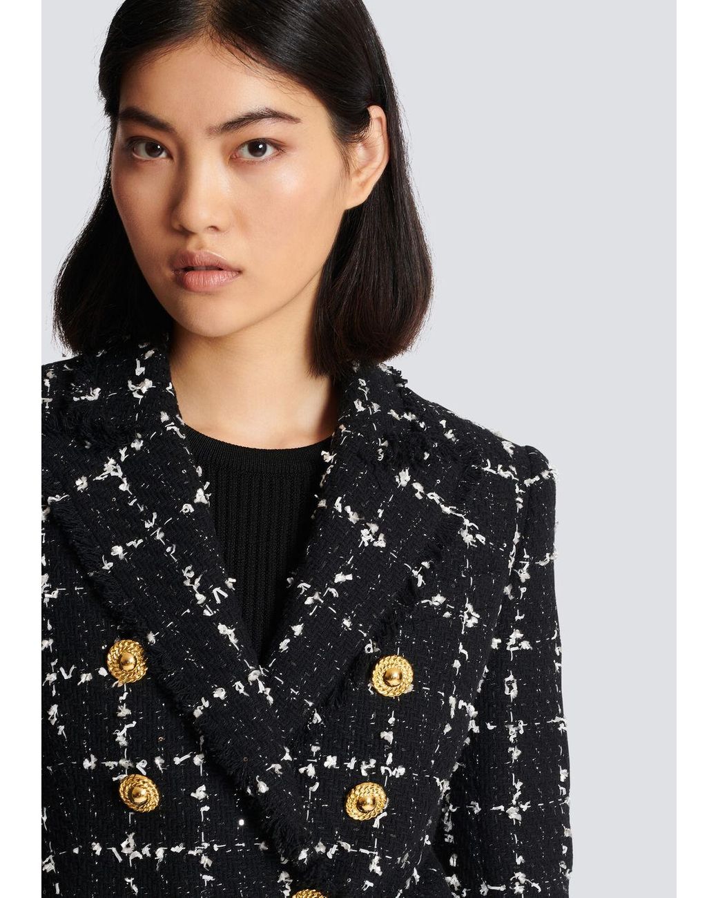 Balmain Black Check Tweed 6-Button Jacket