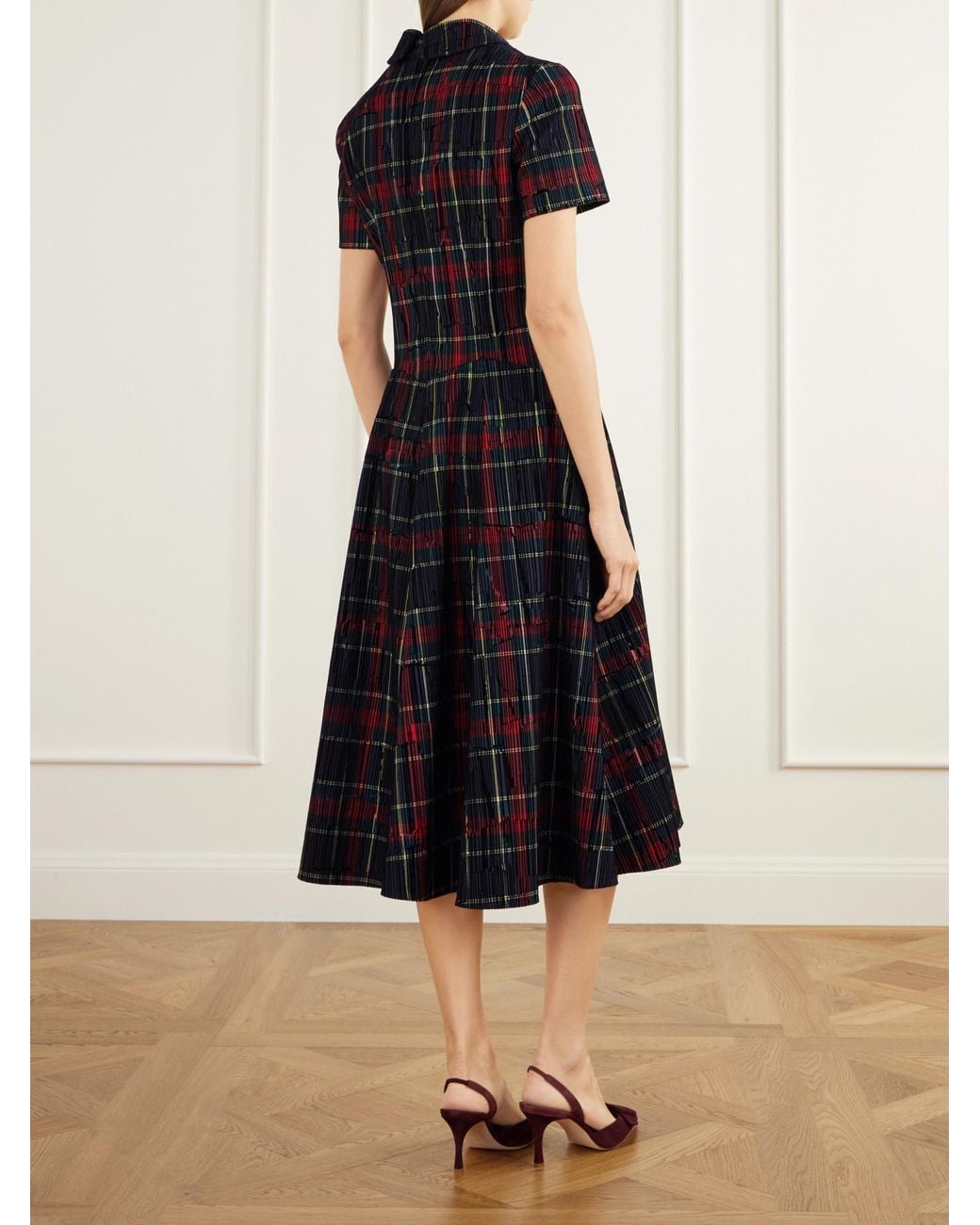 Emilia Wickstead Black Checked Flocked Velvet-Trimmed Gabardine Midi Dress
