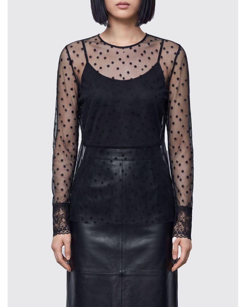 Alberta Ferretti Black Sheer Dotted Lace Trim Top