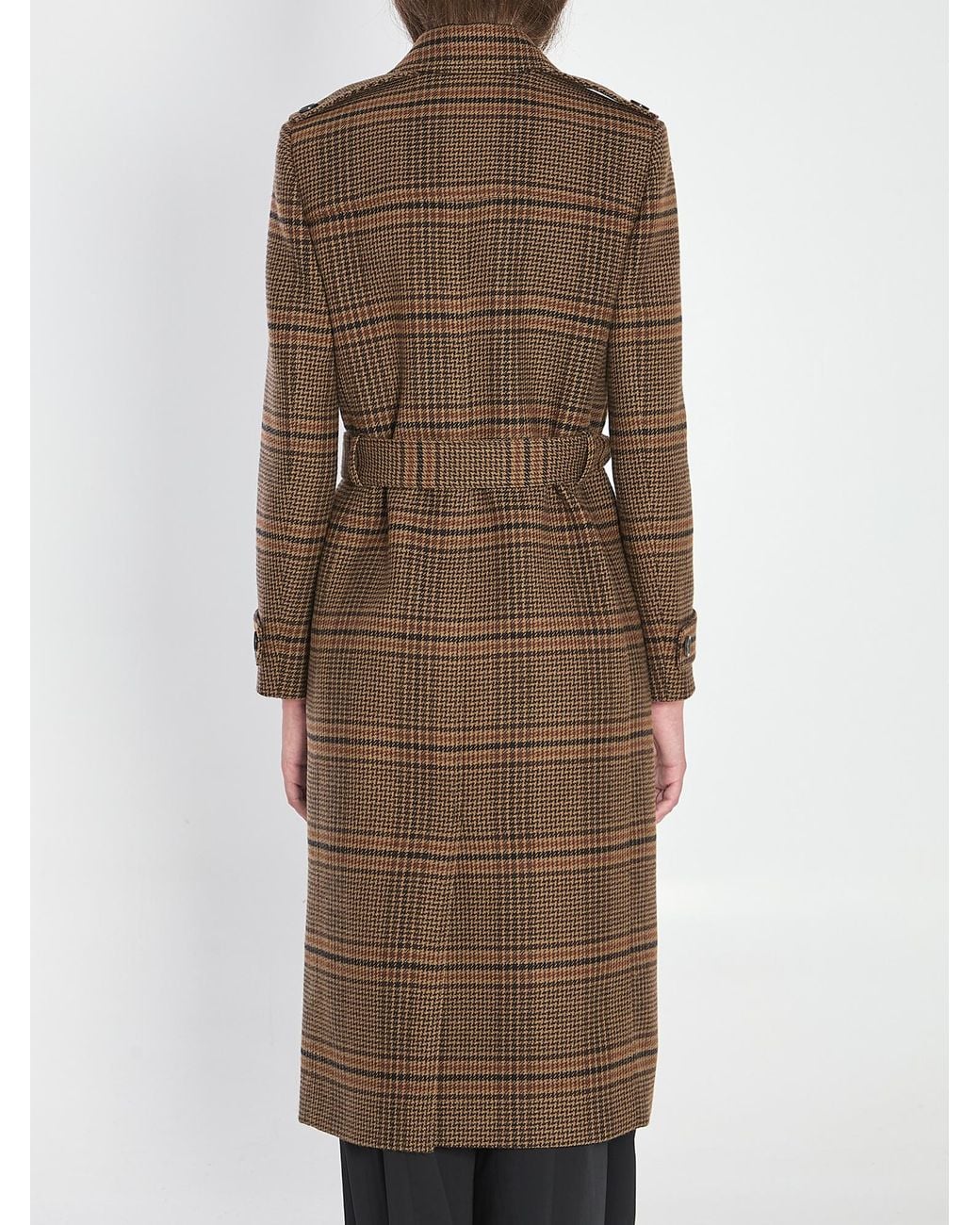 Saint Laurent Natural Prince Of Wales Belted Long Coat