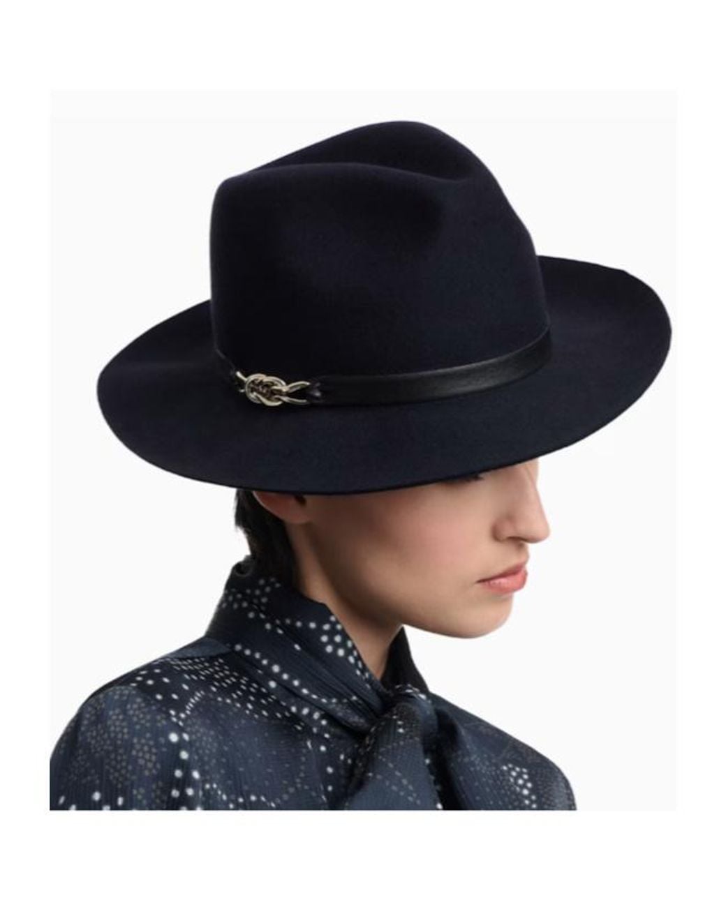 Emporio Armani Blue Merino Wool Fedora Hat With A Leather Band And Chain Detail