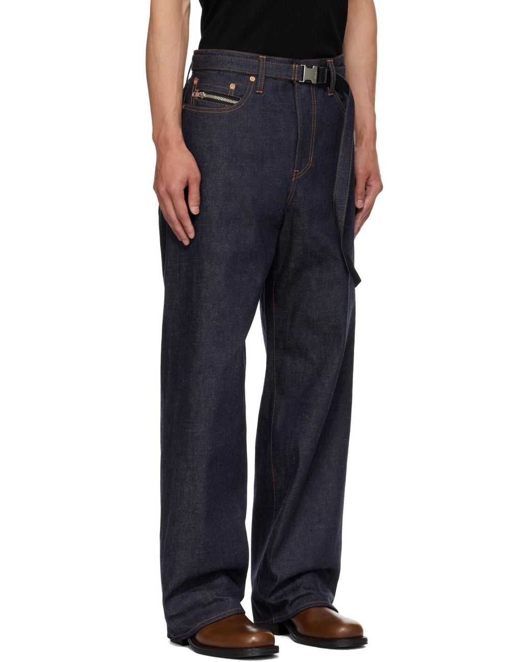 Sacai Blue Straight Leg Belted Jeans for men