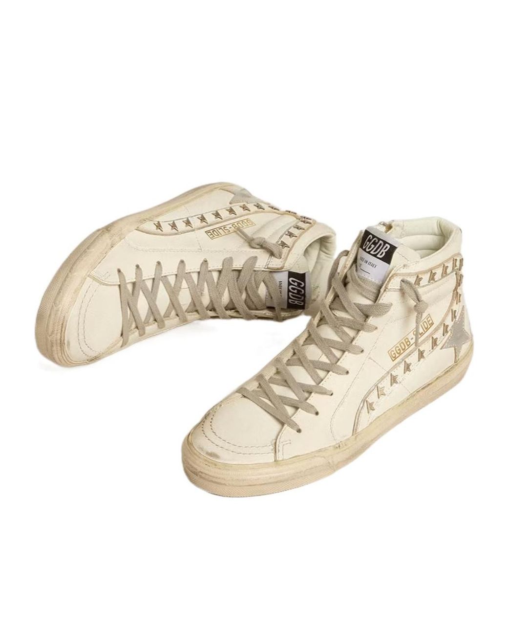 Golden Goose Deluxe Brand Natural Slide With Metallic Leather Star And Leather Flash With Stars