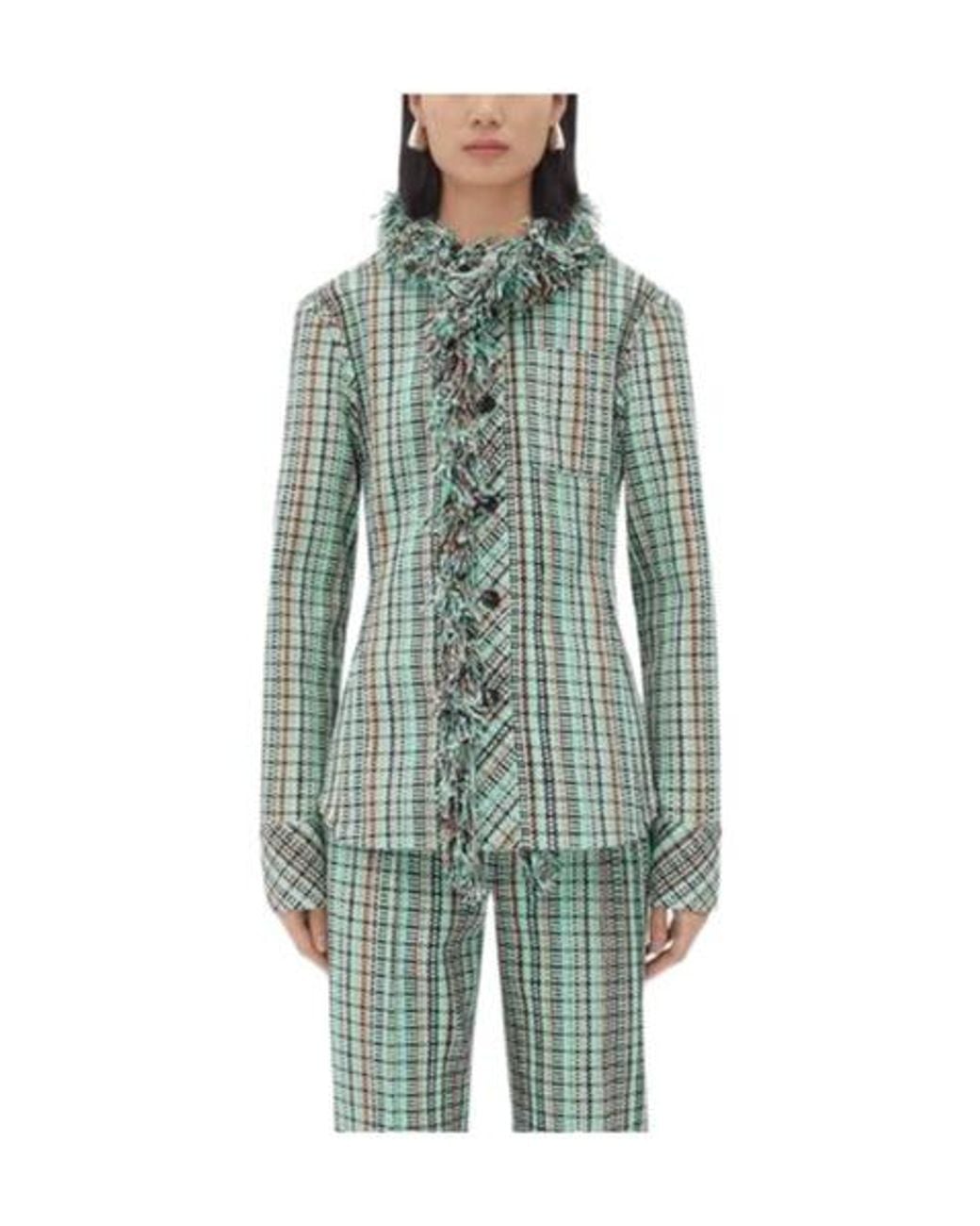 Bottega Veneta Green Cotton Check Jacket With Fringes
