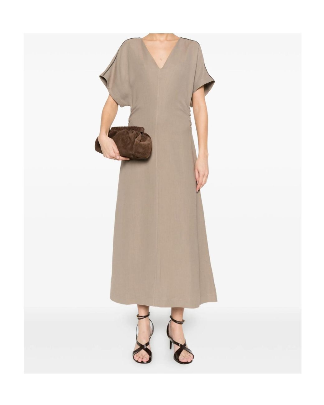Brunello Cucinelli Natural V-Neck Short Sleeve Dress