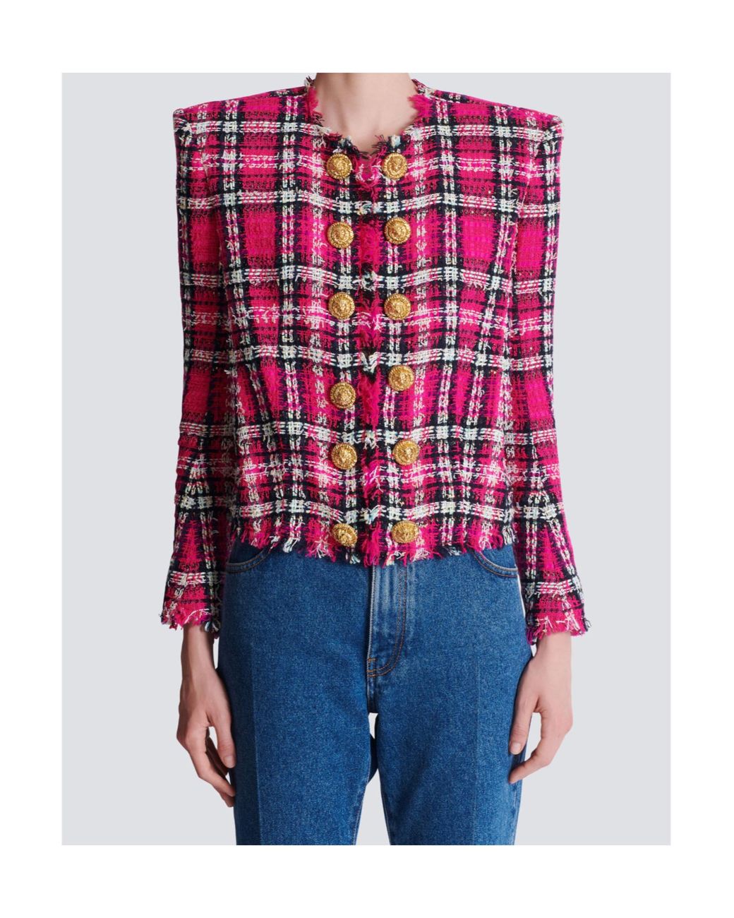 Balmain Pink Glitter Plaid Tweed Cropped Jacket