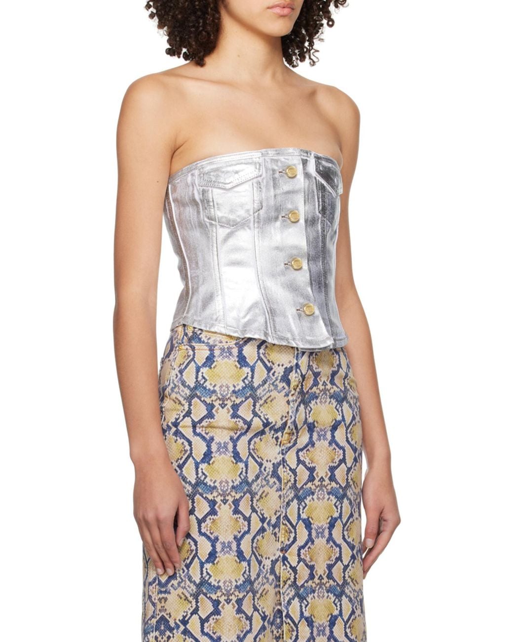 Ganni Gray Off-The-Shoulder Foil Denim Top