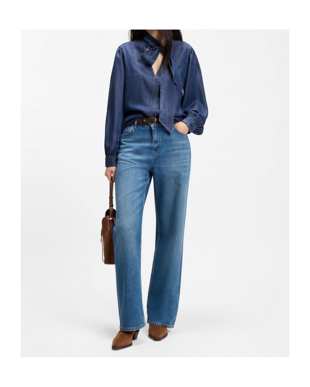 Boss Blue Denim-Look Blouse With Scarf Detail