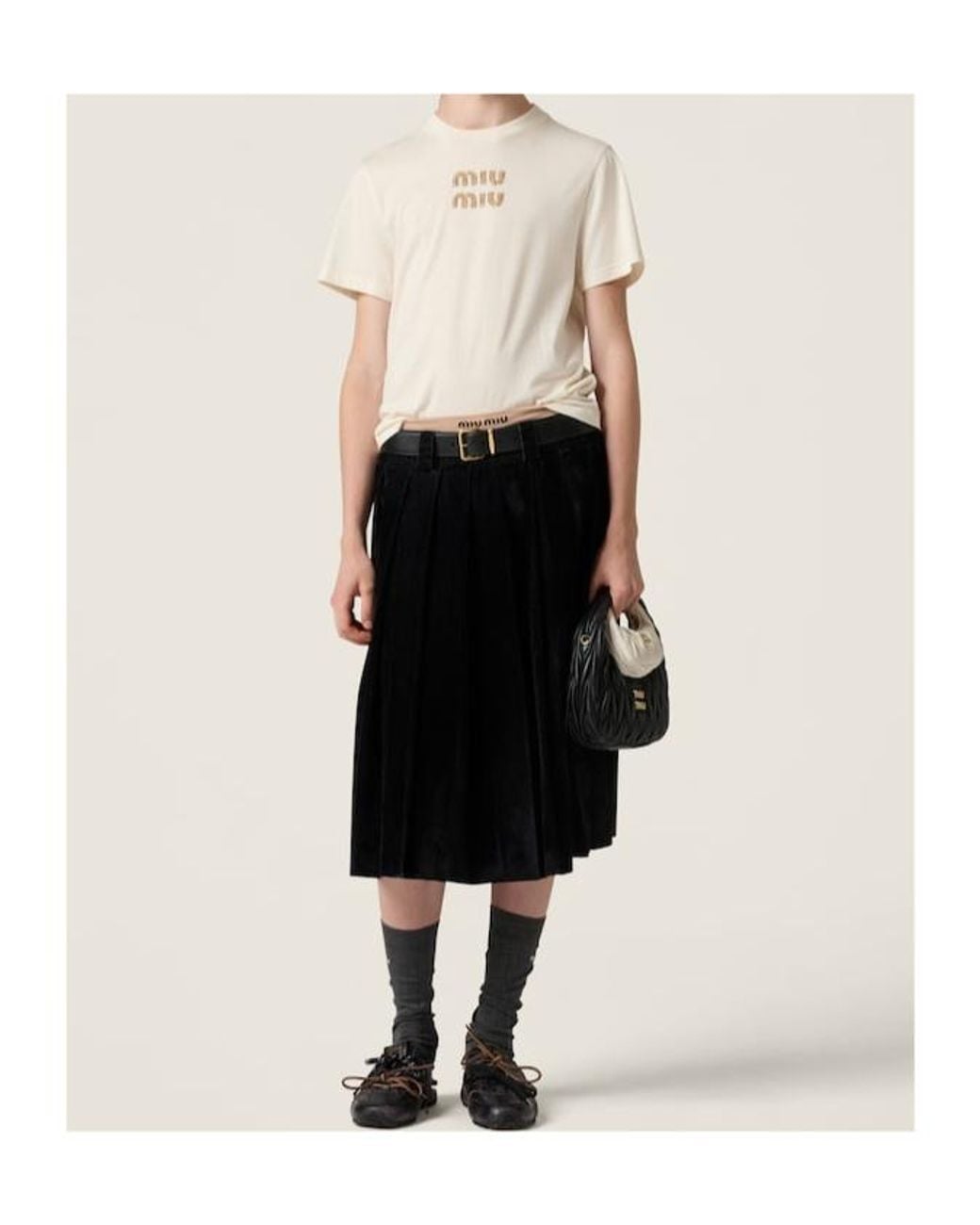 Miu Miu Logo T-Shirt With Rhinestones in Natural | Lyst