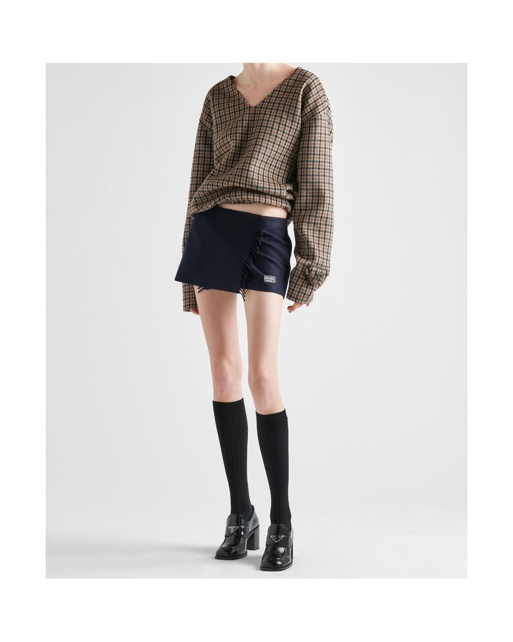 Prada Gray V-Neck Checked Pullover