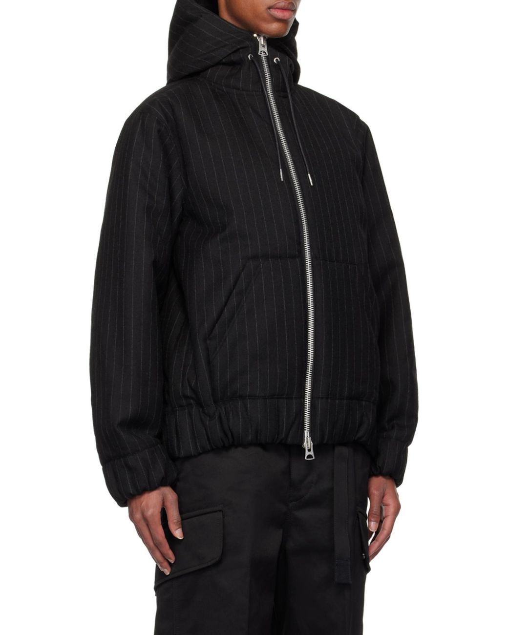 Sacai Black Hoodie Pinstriped Zip-Up Hooded Jacket for men