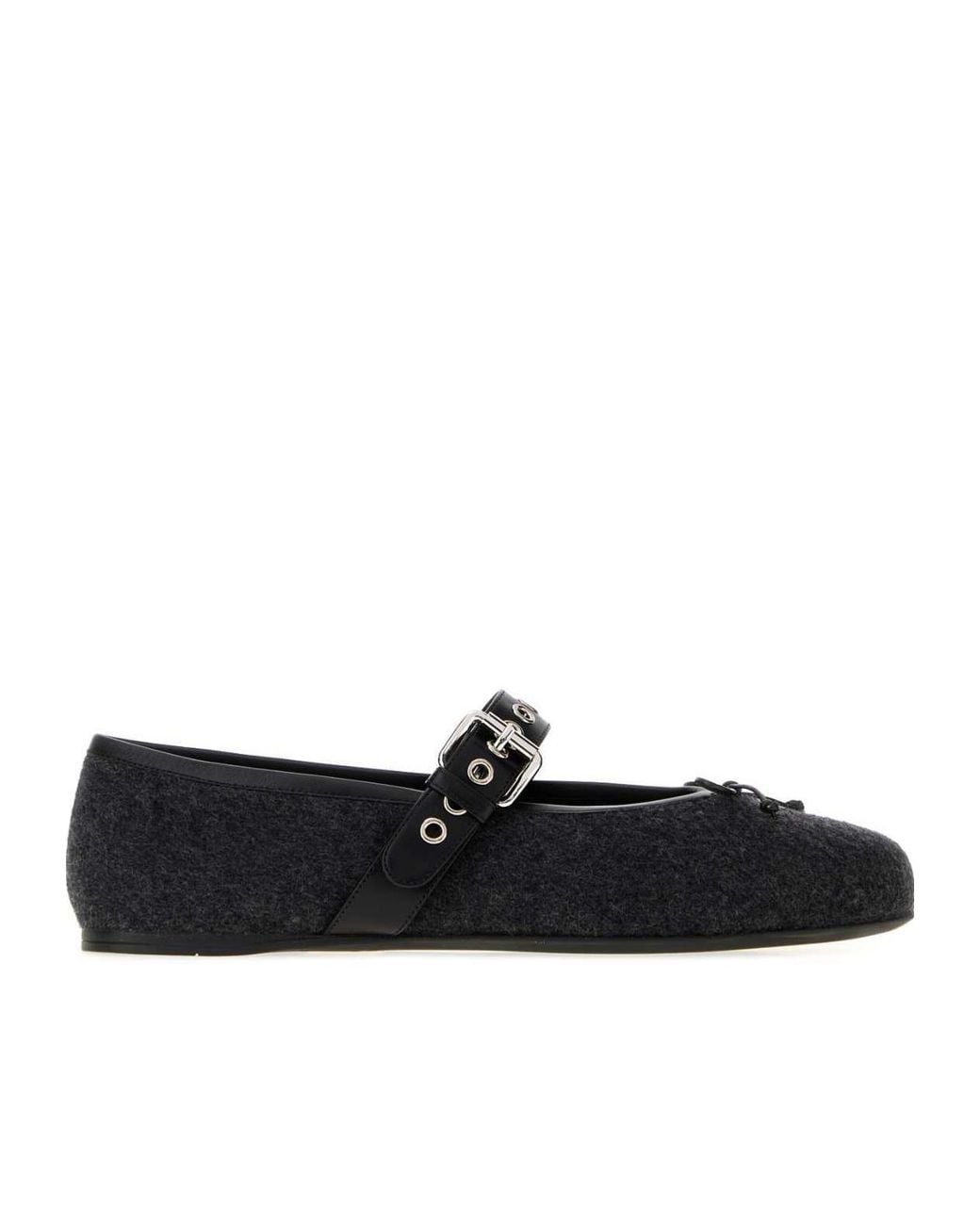 Miu Miu Black Buckle-Strap Wool Ballet Flats