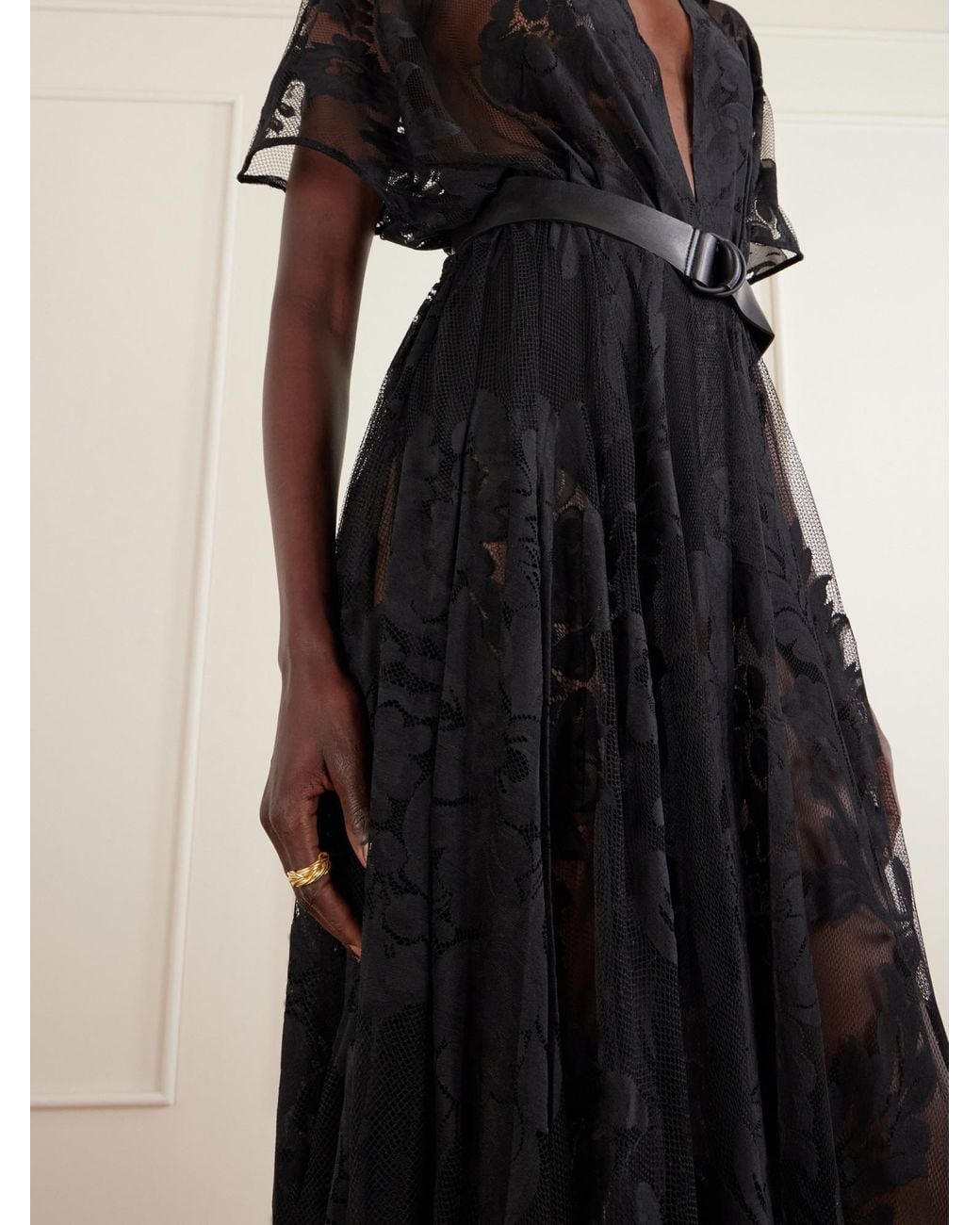 Norma Kamali Black Belted Embroidered Mesh Gown