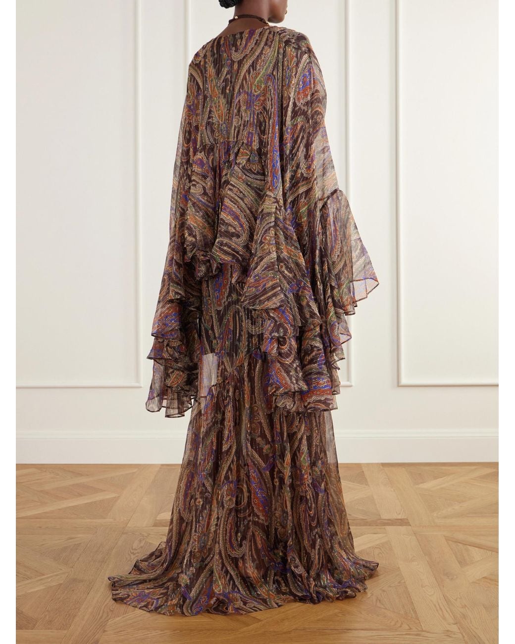 Etro Brown Ruffled Printed Metallic Maxi Dress