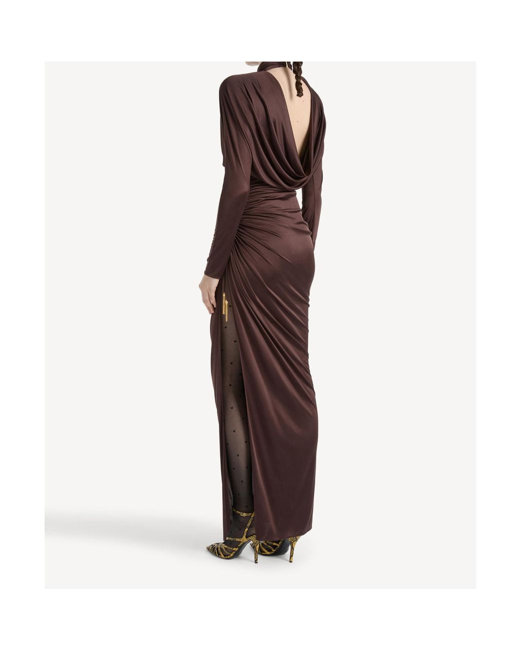 Balmain Brown Draped Long-Sleeve Maxi Dress