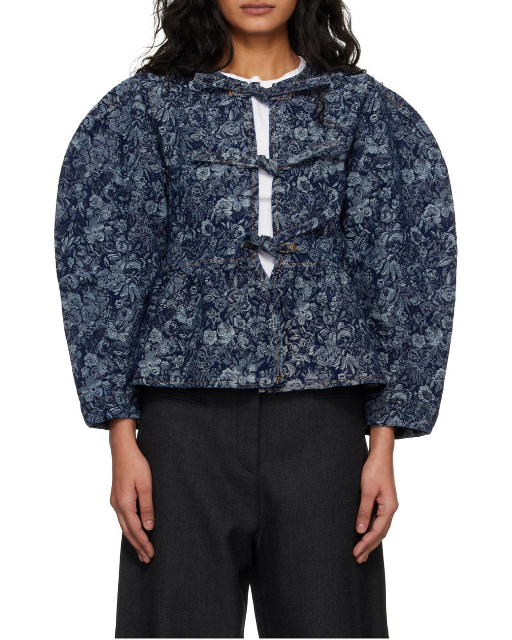 Ganni Blue Floral-Pattern Denim Blouse