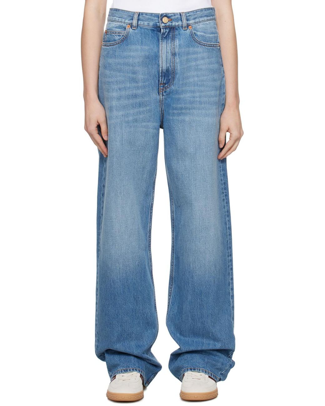 Valentino Blue Logo Patch Wide Leg Jeans