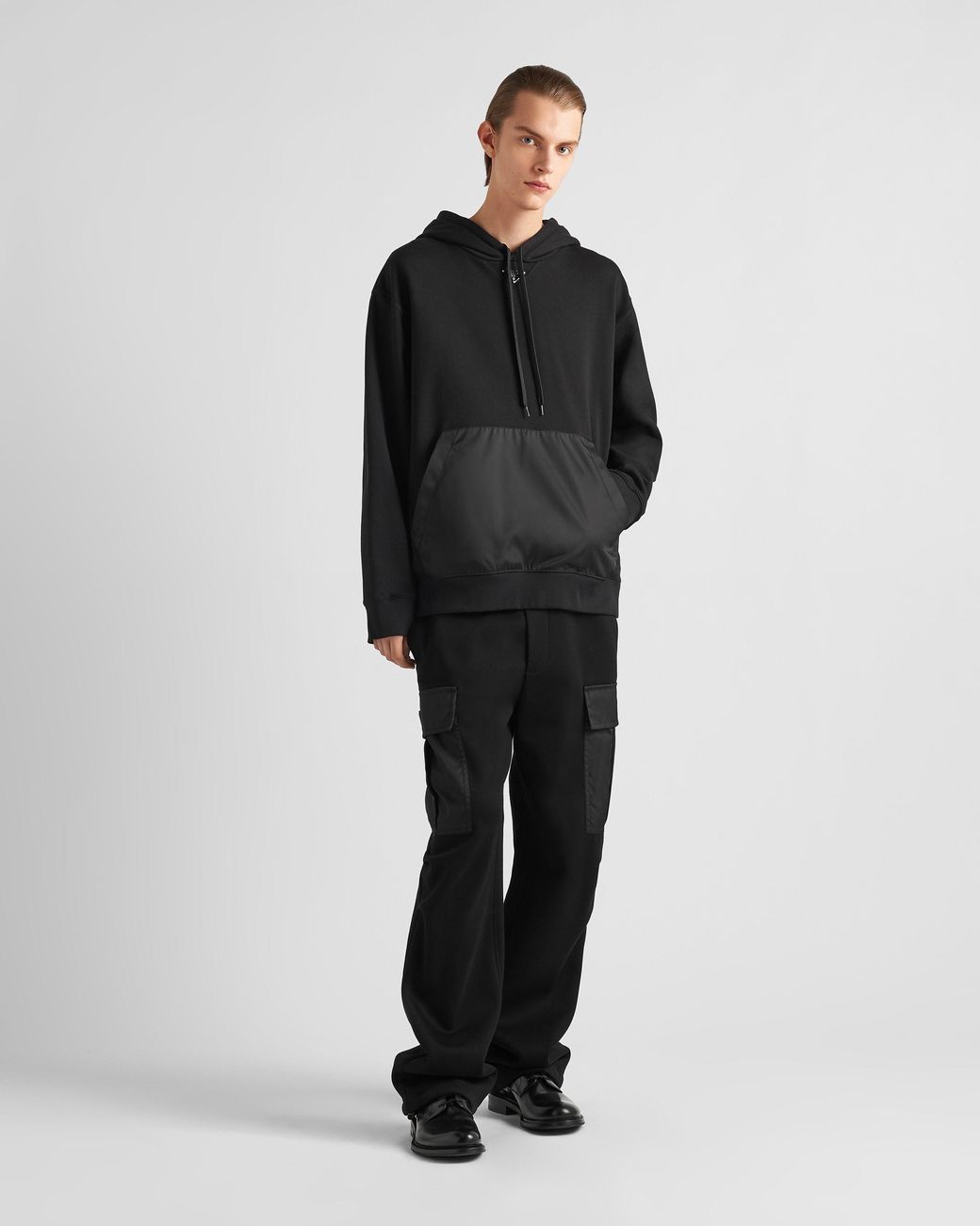 Prada Black Triangle-Logo Drawstring Hoodie for men