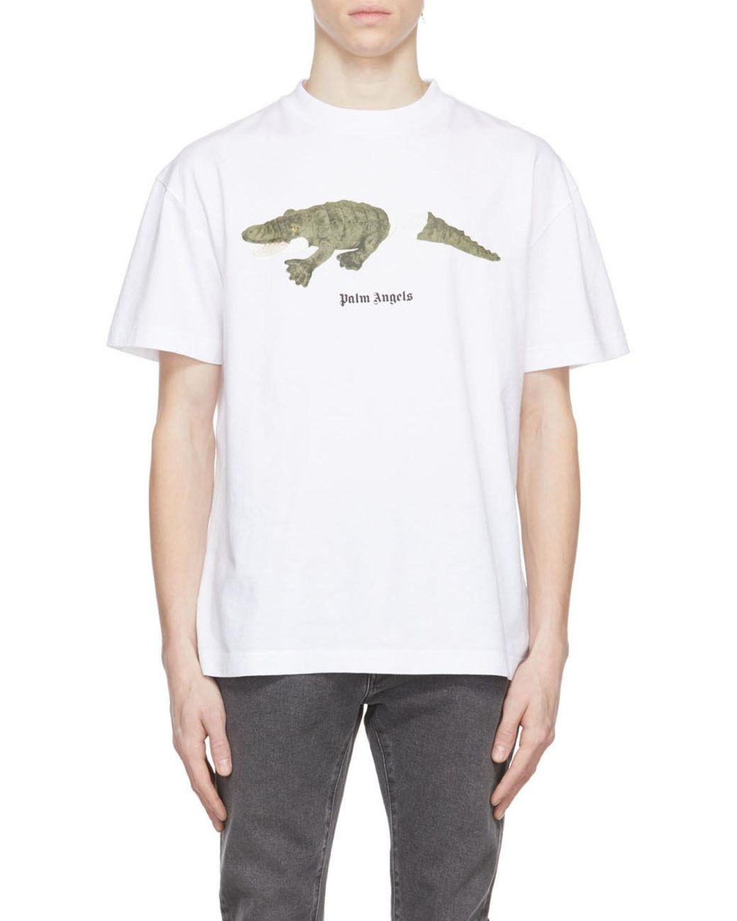 Palm Angels Gray Crocodile-Print Cotton T-Shirt for men