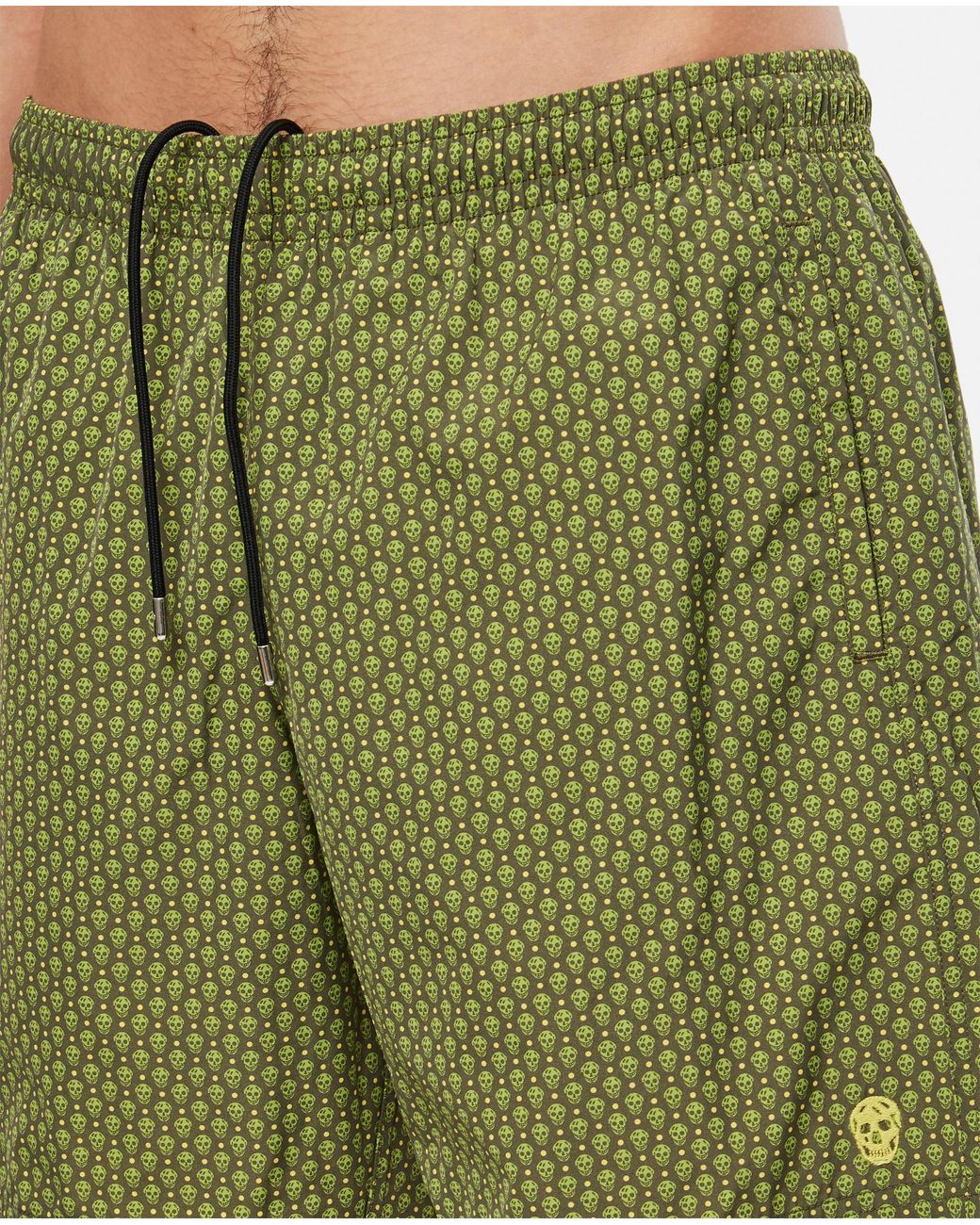 McQueen Green Spotted Skull Printed Swim Shorts for men