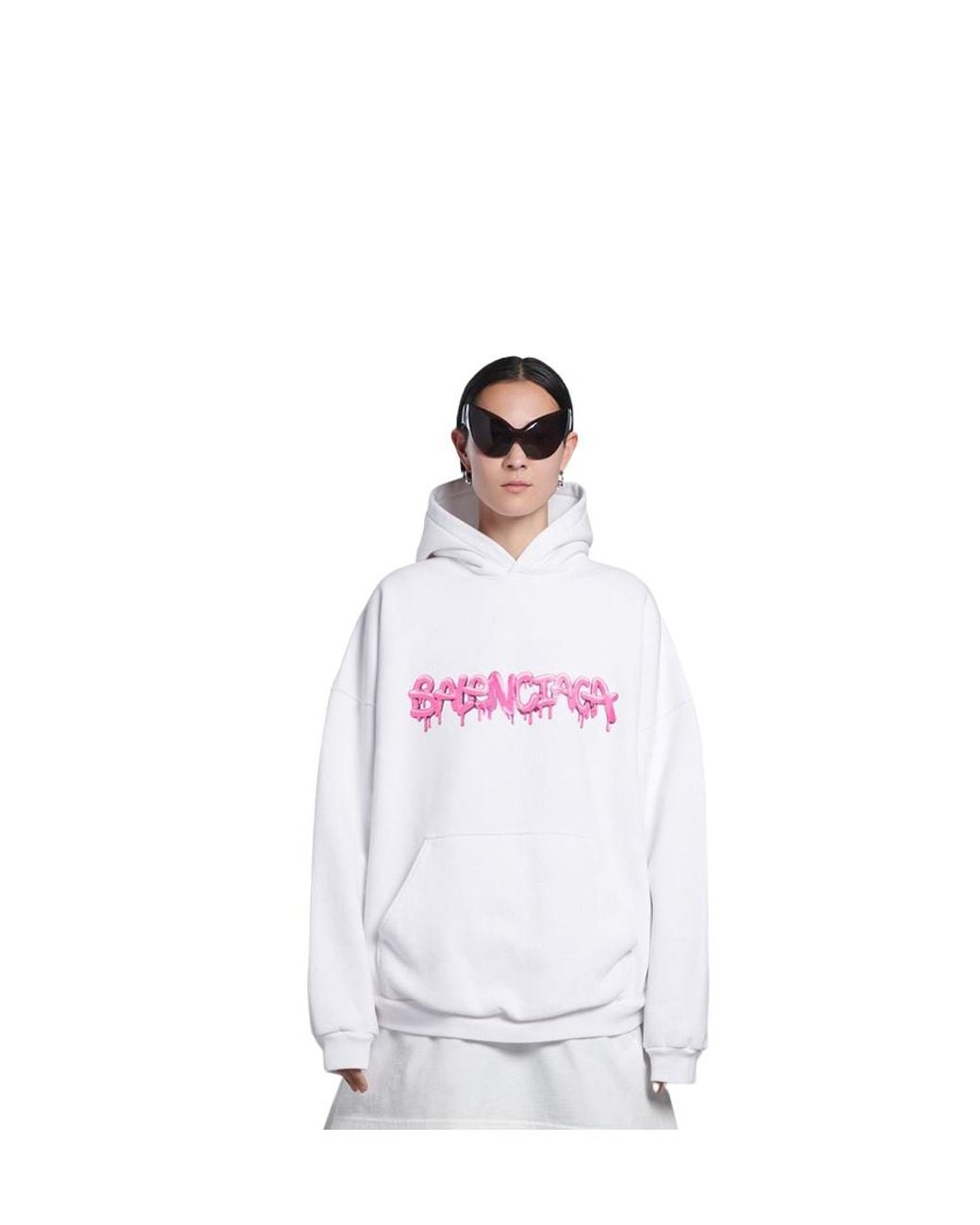 Balenciaga White Logo Print Ribbed Hem Hoodie