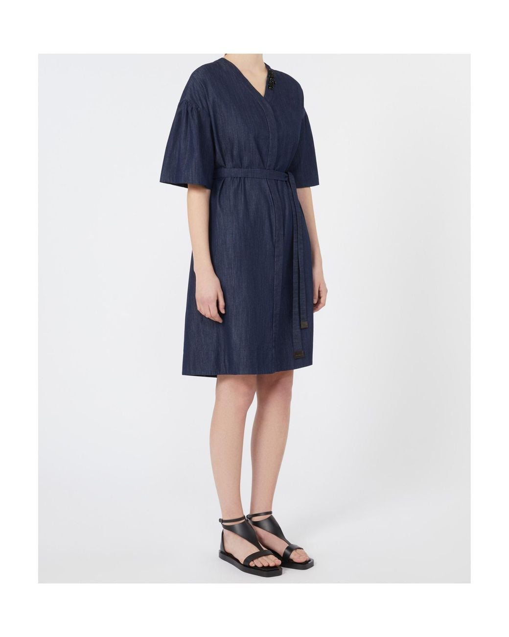 Max Mara Blue 'S V-Neck Embellished Belt Denim Mini Dress