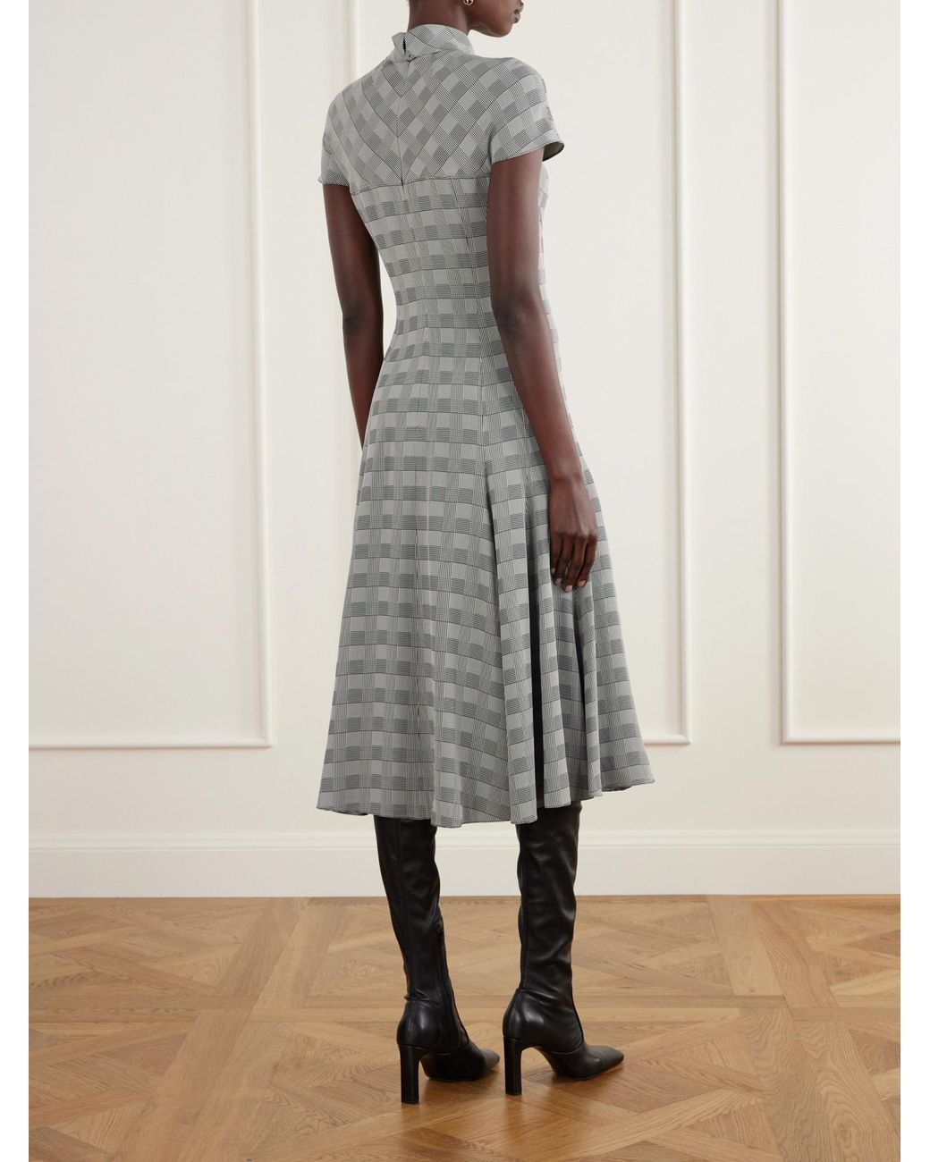 Emilia Wickstead Gray Thea Prince Of Wales Checked Woven Turtleneck Midi Dress