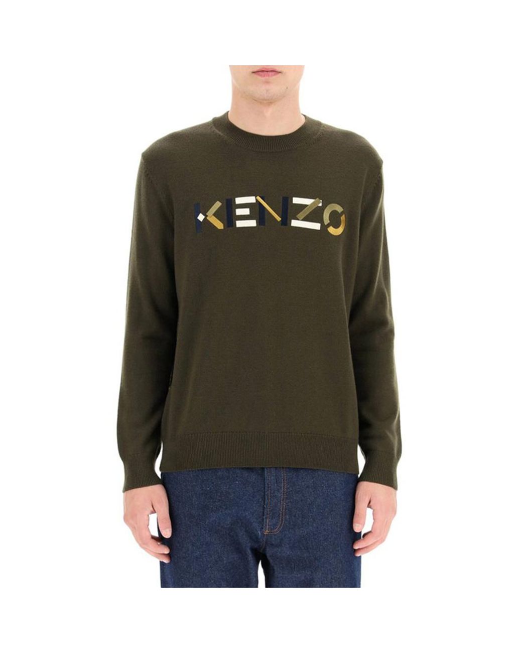 KENZO Green Embroidered Logo Wool Jumper for men
