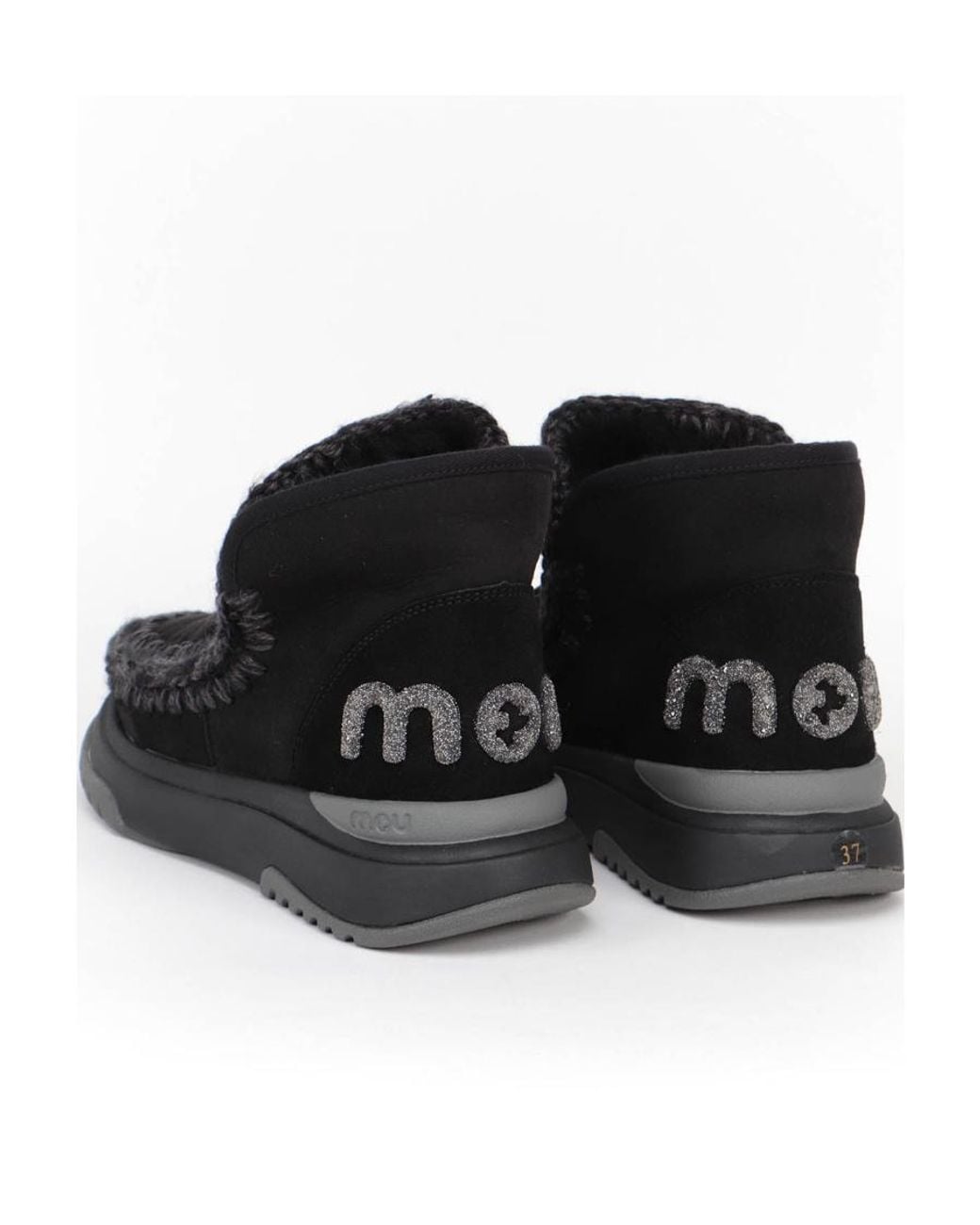 Mou Black Eskimo Logo-Glitter Whipstitch-Trim Boots