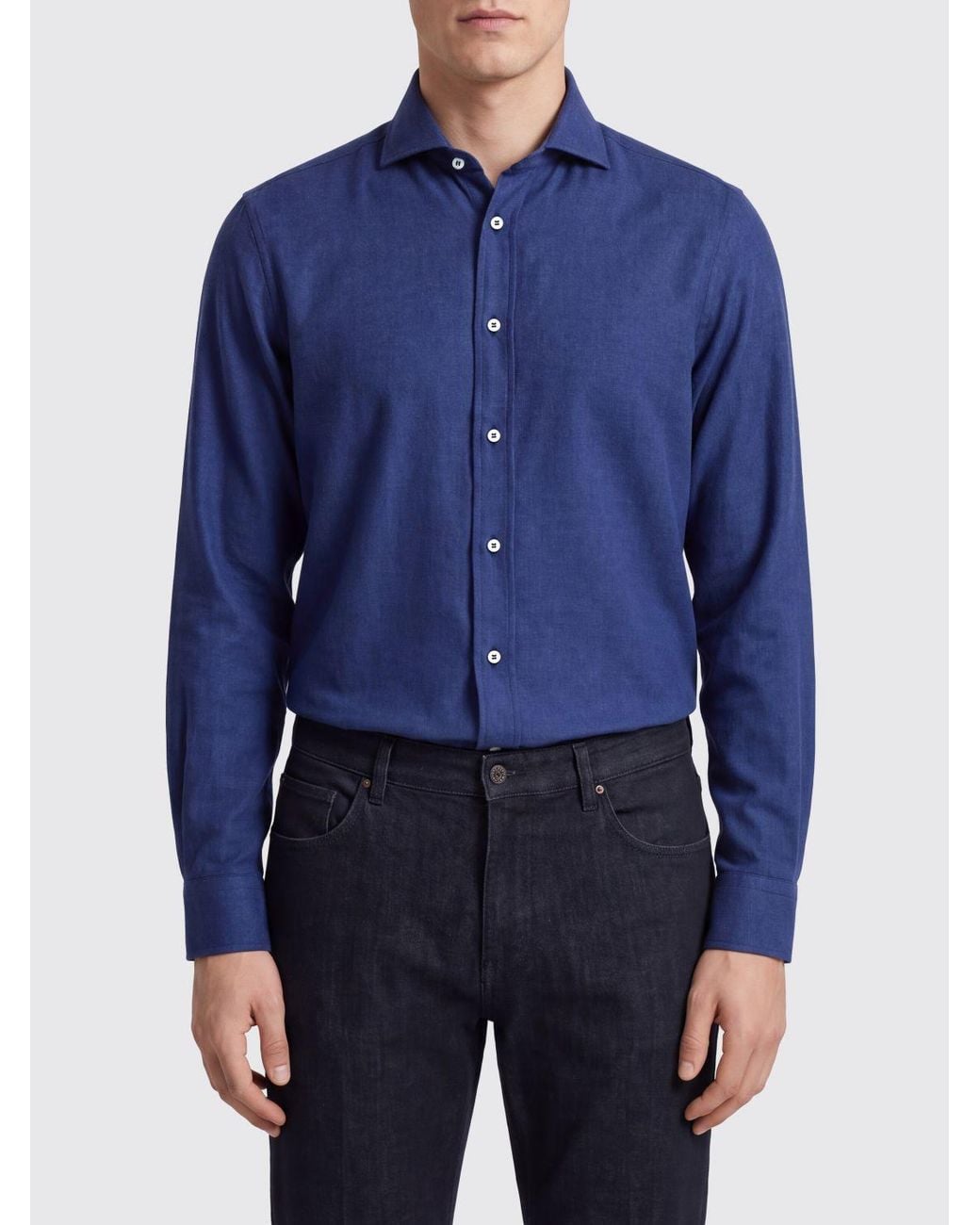 Brunello Cucinelli Blue Long-Sleeved Buttoned Shirt for men