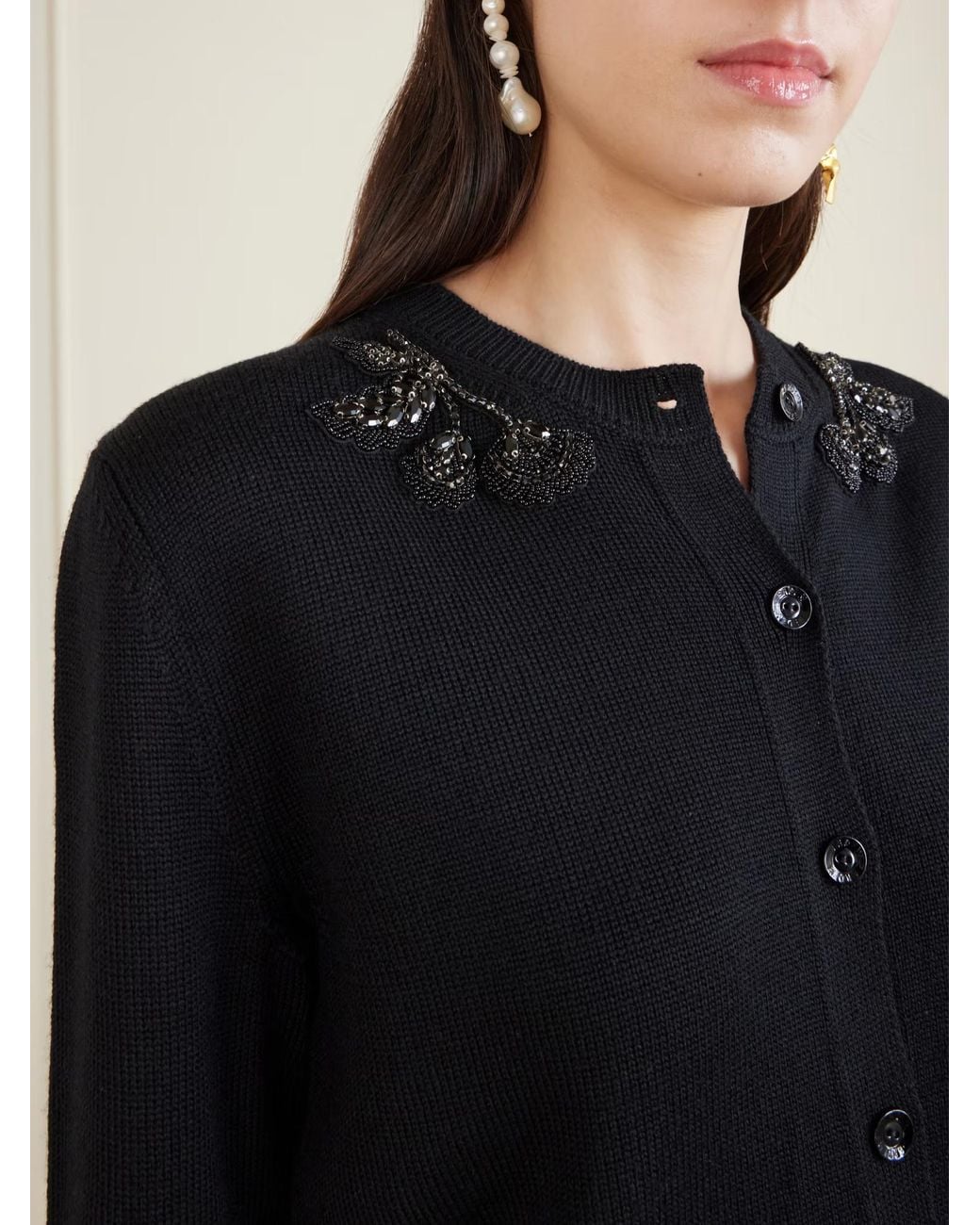 Erdem Black Embellished Merino Wool Cardigan