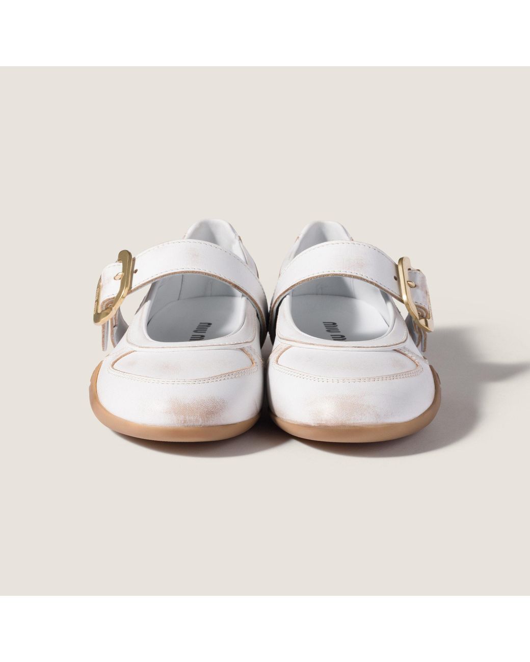 Miu Miu White Gymnasium Leather Ballerinas With Strap And Buckle