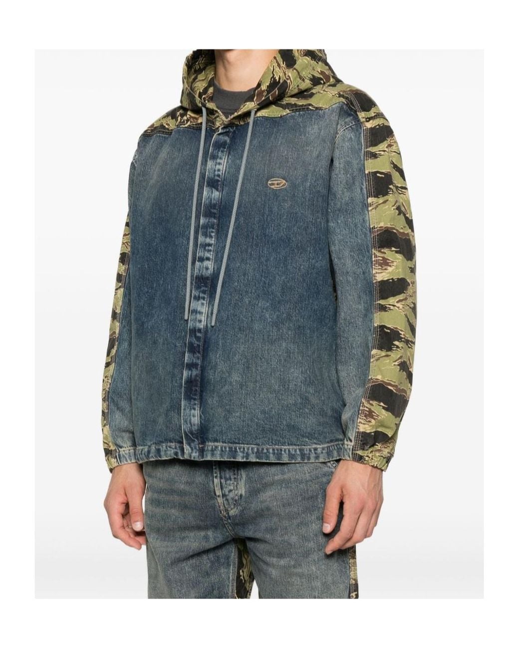 DIESEL Blue Camouflage-Panel Drawstring Denim Jacket for men