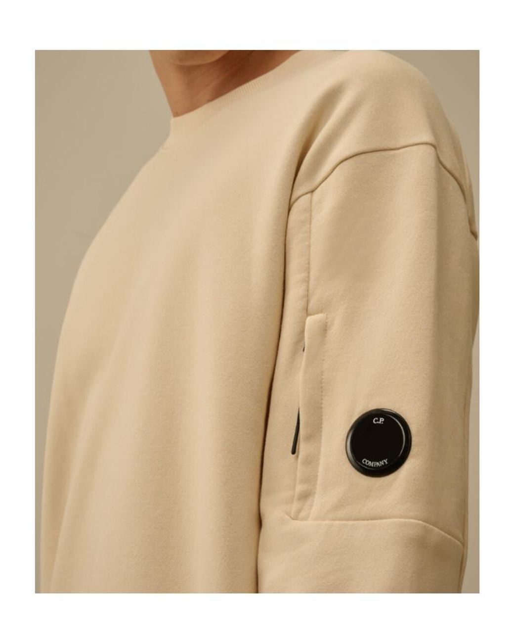 C P Company Natural Diagonal Raised Fleece Crewneck Lens Sweatshirt for men