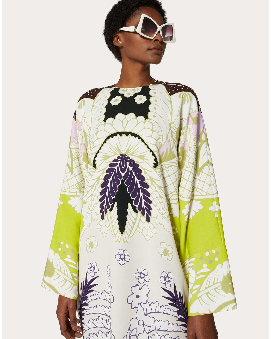 Valentino White Abstract-Print Long-Sleeve Dress